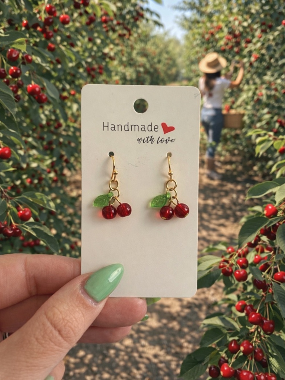 Handmade Cherry Dangle Earrings - Red and Green